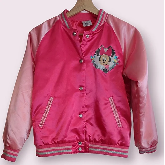 Minnie Mouse Girls Jacket Pink Coat Size 9 10 Satin Bomber Varsity Embroidered - Picture 2 of 13